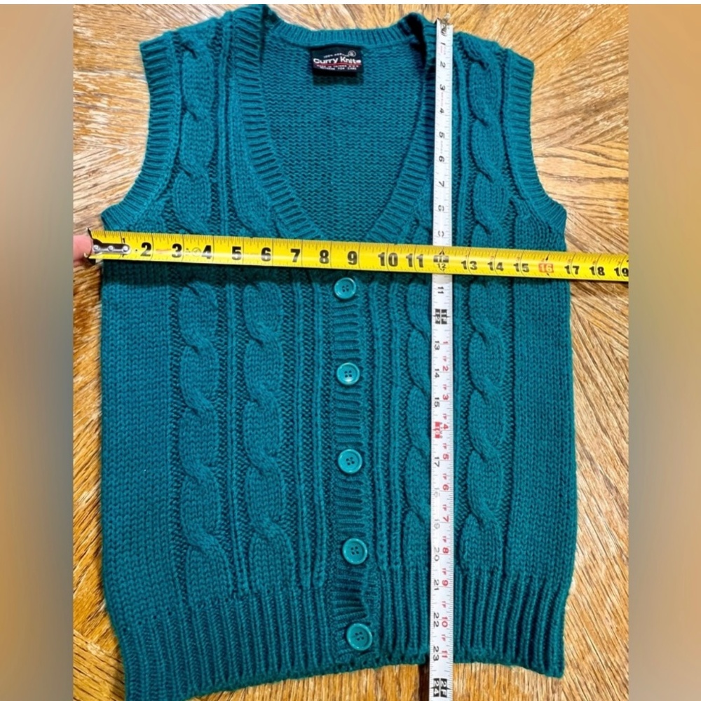 VINTAGE cableknit knit sweater cardigan vest button front teal 70s 80s preppy - Picture 4 of 5